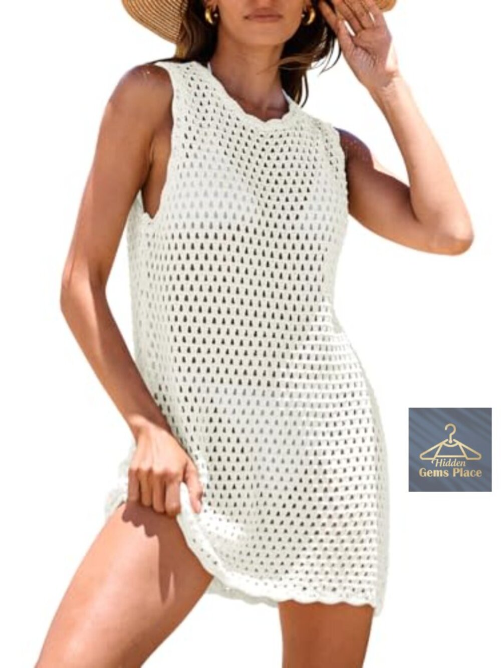 ANRABESS Crochet Mini Dress Cover Up Sleeveless Hollow Knit Beach Swim Coverup